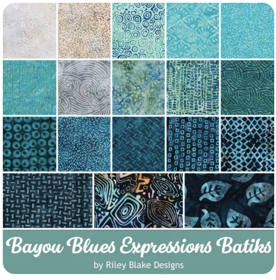 fabric selection layout for blue batik charm pack