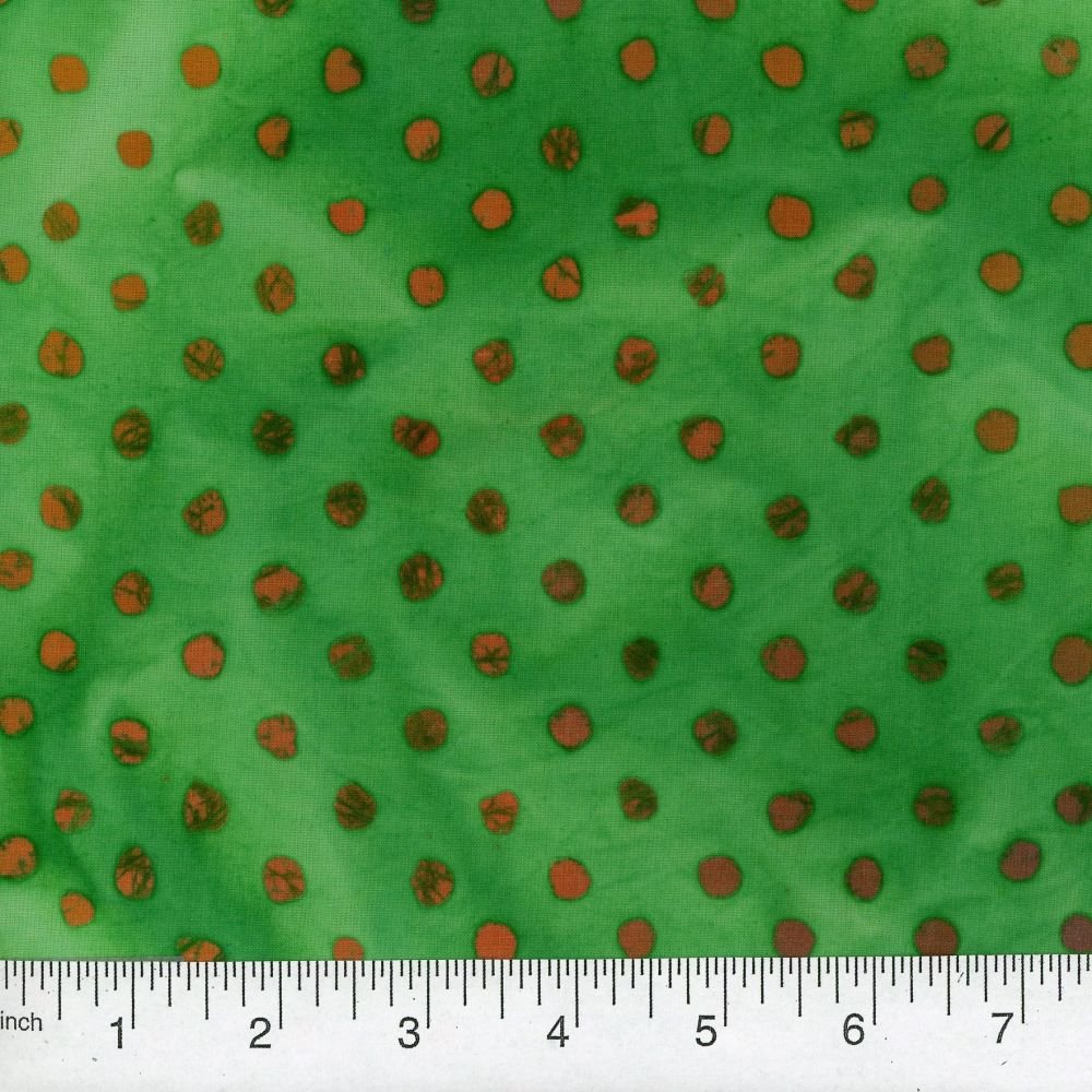 Quilters Batiks Green with orange dots QB566